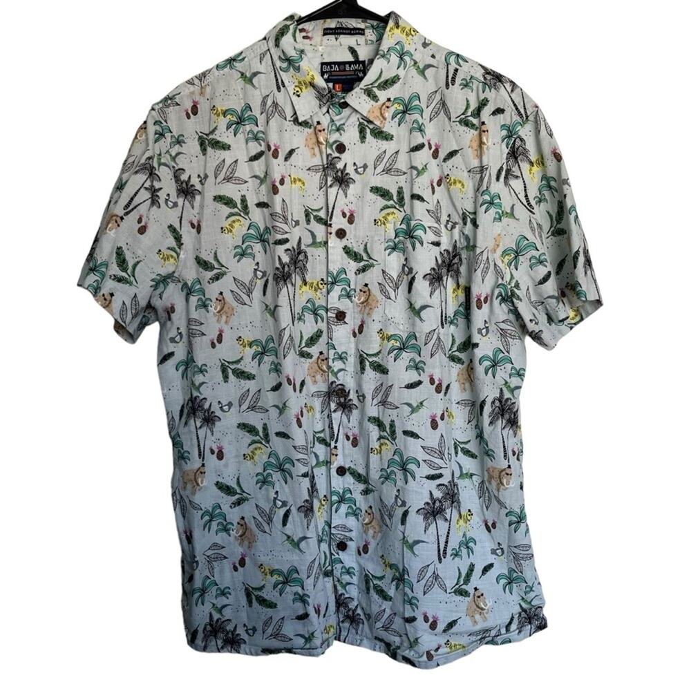 Baja Llama Slub Cotton Short Sleeve Button Down Shirt Palm Tree Beach Size Large